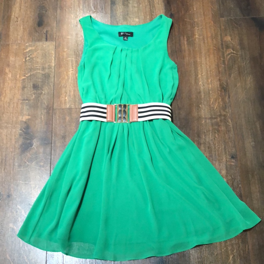 Green, Sleeveless Chiffon Dress with Striped Belt